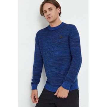 Solid pulover de bumbac barbati, culoarea albastru marin,