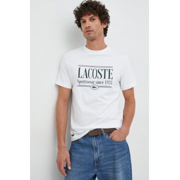 Lacoste tricou din bumbac culoarea alb, cu imprimeu