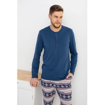 Pijama lunga cu decolteu Henley