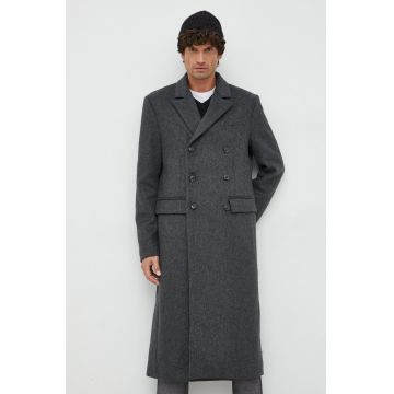 Trussardi palton de lana culoarea gri, de tranzitie, cu doua randuri de nasturi